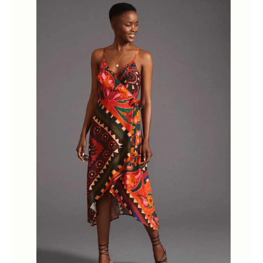 NWTβFARM Rio Hanky Wrap Midi Dress Tribal Print Beadedβ Ends on Tie Size Small